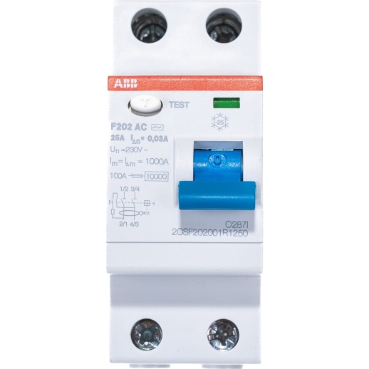 Выключатель дифференциального тока (УЗО) ABB F202 2п 25А 30мА тип AC 2CSF202001R1250
