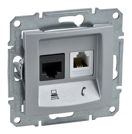 Розетка двойная RJ11 RJ45 Cat.6 SEDNA, алюминий