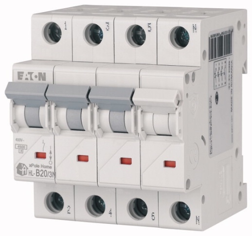 HL-B20/3N Модульный автоматический выключатель, 3N-полюс, кривая отключения B, номинальный ток 20А