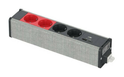 Unica System  Блок 2хРозетка БЕЛАЯ 2хРозетка КРАСНАЯ 2хUSB A//C АНТР.//СЕРАЯ ТКАНЬ