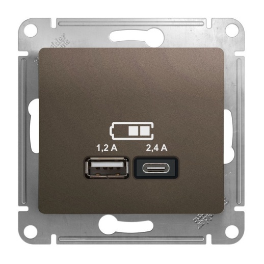 Розетка 2xUSB GLOSSA, скрытый монтаж, шоколад