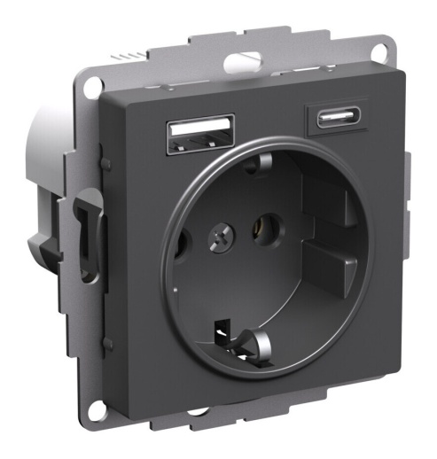 Розетка с USB USB type C Systeme Electric ATLASDESIGN, скрытый монтаж, с заземлением, со шторками, базальт