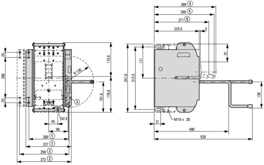 NZMH3-ME350-AVE Выкатной автоматический выключатель защиты двигателя 350А, 3 полюса, откл.способность 150кА, электронный расцепитель защиты двигателя