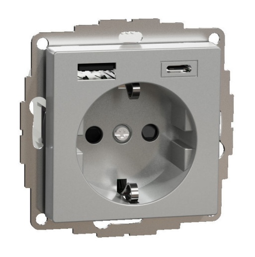 Розетка с 2xUSB MERTEN SYSTEM M, скрытый монтаж, с заземлением, алюминий