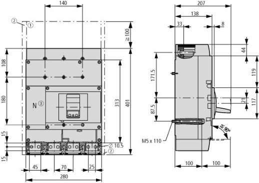 NZMN4-4-AE1600/1000 Автоматический выключатель 1600А/ 1000 А нейтрали, 4 полюса, откл.способность 50кА, электронный расцепитель